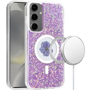 For Samsung Galaxy s24 Magnetic Ring Circle Real Flower Epoxy Glitter Hybrid Case Cover - Light Purple