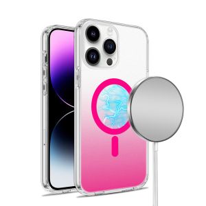 For iPhone 14 PRO 6.1" Frosted Two Tone [Magnetic Circle] ShockProof Transparent IMD Hybrid - Hot Pink