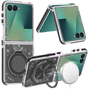 For Samsung Galaxy Z Flip 7 Glitz HQ Shimmer Glitter [Magnetic Ring Circle] with 360 degree Rotational Ring Kickstand Tough Hybrid Case - Black
