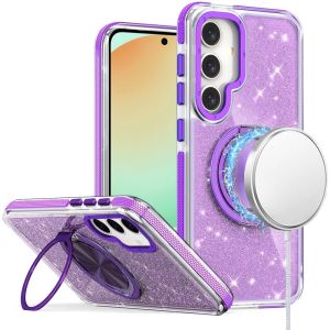 For Samsung S24 FE Glitz HQ Shimmer Glitter [Magnetic Ring Circle] with 360 degree Rotational Ring Kickstand Tough Hybrid Case - Purple