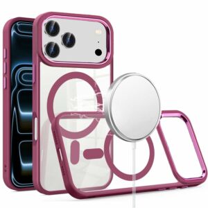 For Apple iPhone 18 Pro Greatest Clear Acrylic [Magnetic Circle] ShockProof ToughThick Metal Button Hybrid - Burgundy