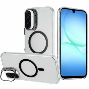 For Samsung A17 5G Transparent HQ Hybrid with Metallic Camera Stand Magnetic Ring Case - Black