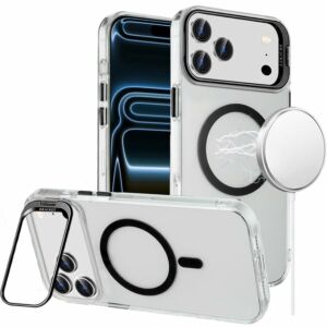 For Apple iPhone 18 Pro Max Transparent HQ Hybrid with Metallic Camera Stand Magnetic Ring Case - Black