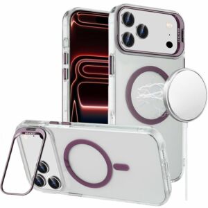 For Apple iPhone 18 Pro Transparent HQ Hybrid with Metallic Camera Stand Magnetic Ring Case - Dark Cherry