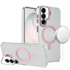 For Samsung Galaxy s26 FE Transparent HQ Hybrid with Metallic Camera Stand Magnetic Ring Case - Pink