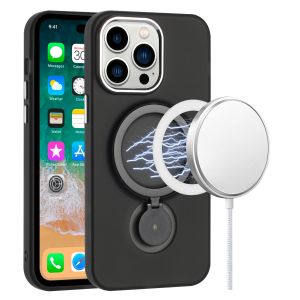 For iPhone 12 & iPhone 12 Pro Hoop Kickstand [Magnetic Circle] HD Transparent Chrome Hybrid - Black