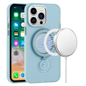 For iPhone 14 PRO 6.1" Hoop Kickstand [Magnetic Circle] HD Transparent Chrome Hybrid - Sky Blue