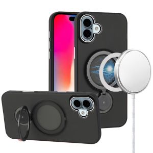 For iPhone 16 6.1 inch Hoop Kickstand [Magnetic Circle] HD Transparent Chrome Hybrid - Black