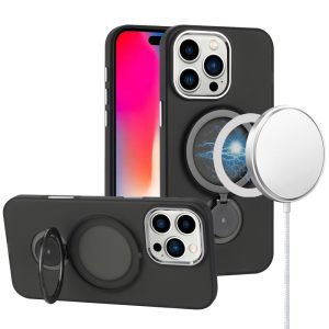 For iPhone 16 Pro 6.3 inch Hoop Kickstand [Magnetic Circle] HD Transparent Chrome Hybrid - Black