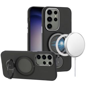 For Samsung Galaxy s24 Hoop Kickstand [Magnetic Circle] HD Transparent Chrome Hybrid - Black