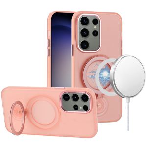 For Samsung Galaxy s24 Hoop Kickstand [Magnetic Circle] HD Transparent Chrome Hybrid - Pink