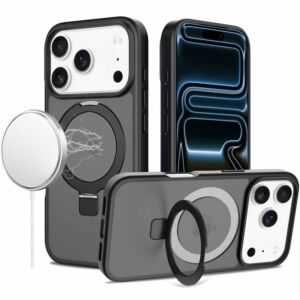 For Apple iPhone 18 Pro Max Magnetic Matching Ring Stand Full Rotation Matte Hybrid - Black