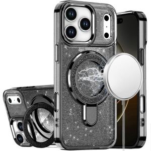 For iPhone 17 Pro Max Transparent Glitter Rotaional Magnetic Ring Stand HQ Hybrid - Black