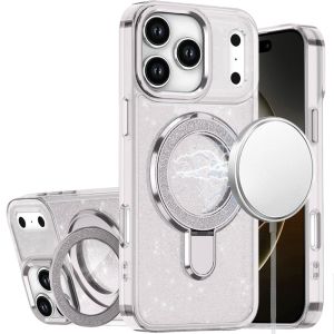 For iPhone 17 Pro Max Transparent Glitter Rotaional Magnetic Ring Stand HQ Hybrid - Clear