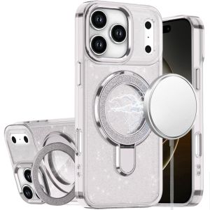 For iPhone 17 Pro Transparent Glitter Rotaional Magnetic Ring Stand HQ Hybrid - Clear