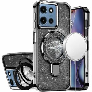 For Moto G 5G 2025/2026 - G Play 2026 - Transparent Glitter Rotaional Magnetic Ring Stand HQ Hybrid - Light Pink