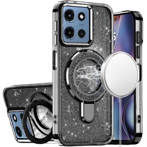 For Moto G 5G 2025/2026 - G Play 2026 - Transparent Glitter Rotaional Magnetic Ring Stand HQ Hybrid - Black