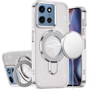 For Moto G 5G 2025/2026 - G Play 2026 - Transparent Glitter Rotaional Magnetic Ring Stand HQ Hybrid - Clear