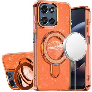 For Motorola Moto G 5G 2025 Transparent Glitter Rotaional Magnetic Ring Stand HQ Hybrid - Cosmic Orange