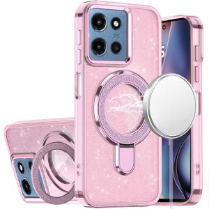 For Moto G 5G 2025/2026 - G Play 2026 - Transparent Glitter Rotaional Magnetic Ring Stand HQ Hybrid - Light Pink