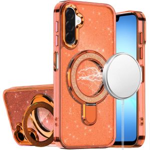 For Samsung A17 5G Transparent Glitter Rotaional Magnetic Ring Stand HQ Hybrid - Cosmic Orange