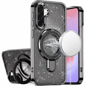 For Samsung Galaxy A37 / A36 Transparent Glitter Rotaional Magnetic Ring Stand HQ Hybrid - Black