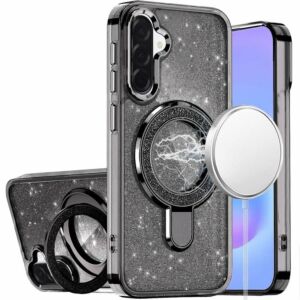For Samsung Galaxy A57 Transparent Glitter Rotaional Magnetic Ring Stand HQ Hybrid - Black