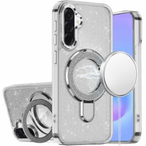 For Samsung Galaxy A57 Transparent Glitter Rotaional Magnetic Ring Stand HQ Hybrid - Clear