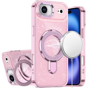 For iPhone 17 Air Transparent Glitter Rotaional Magnetic Ring Stand HQ Hybrid - Light Pink