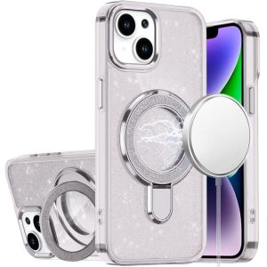 For iPhone 13/14 Transparent Glitter Rotaional Magnetic Ring Stand HQ Hybrid - Clear