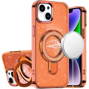 For iPhone 13/14 Transparent Glitter Rotaional Magnetic Ring Stand HQ Hybrid - Cosmic Orange