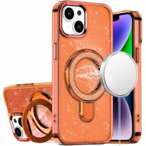 For iPhone 13/14 Transparent Glitter Rotaional Magnetic Ring Stand HQ Hybrid - Cosmic Orange
