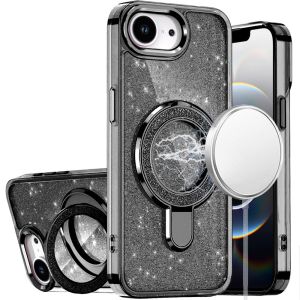 For iPhone 16E (E edition) / SE4 (2025) Transparent Glitter Rotaional Magnetic Ring Stand HQ Hybrid - Black
