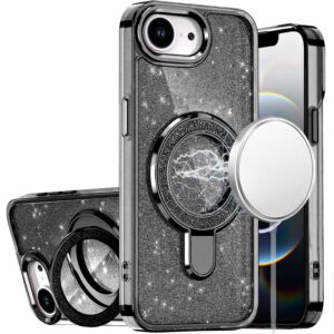 For iPhone 17E / 16E / SE4 Transparent Glitter Rotaional Magnetic Ring Stand HQ Hybrid - Black