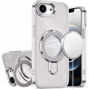 For iPhone 17E / 16E / SE4 Transparent Glitter Rotaional Magnetic Ring Stand HQ Hybrid - Clear