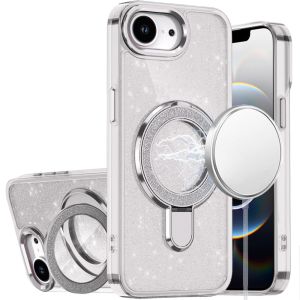 For iPhone 16E (E edition) / SE4 (2025) Transparent Glitter Rotaional Magnetic Ring Stand HQ Hybrid - Clear