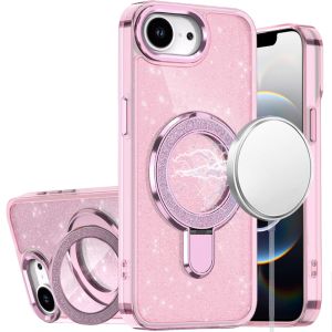 For iPhone 16E (E edition) / SE4 (2025) Transparent Glitter Rotaional Magnetic Ring Stand HQ Hybrid - Light Pink