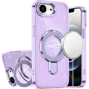 For iPhone 16E (E edition) / SE4 (2025) Transparent Glitter Rotaional Magnetic Ring Stand HQ Hybrid - Light Purple