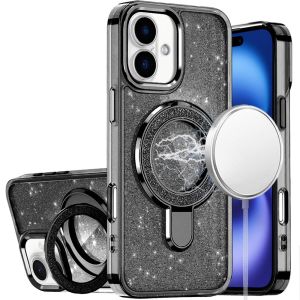 For iPhone 17 Transparent Glitter Rotaional Magnetic Ring Stand HQ Hybrid - Black