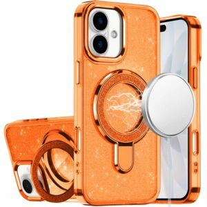 For iPhone 17 Transparent Glitter Rotaional Magnetic Ring Stand HQ Hybrid - Cosmic Orange