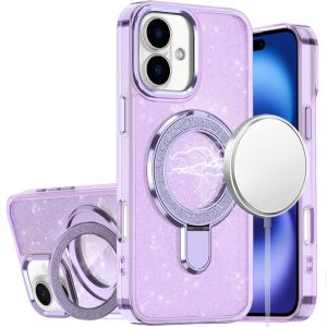 For iPhone 17 Transparent Glitter Rotaional Magnetic Ring Stand HQ Hybrid - Light Purple