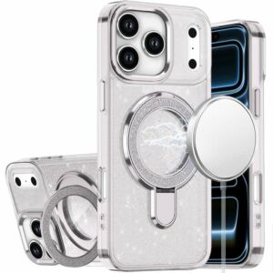 For Apple iPhone 18 Pro Max Transparent Glitter Rotaional Magnetic Ring Stand HQ Hybrid - Clear