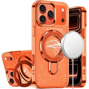 For Apple iPhone 18 Pro Max Transparent Glitter Rotaional Magnetic Ring Stand HQ Hybrid - Cosmic Orange