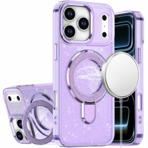 For Apple iPhone 18 Pro Max Transparent Glitter Rotaional Magnetic Ring Stand HQ Hybrid - Light Purple