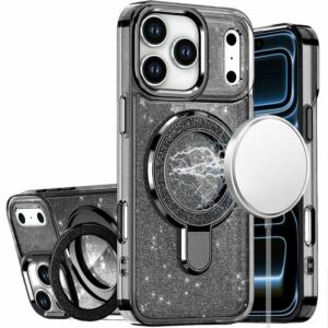 For Apple iPhone 18 Pro Transparent Glitter Rotaional Magnetic Ring Stand HQ Hybrid - Black