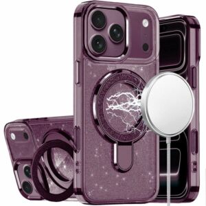 For Apple iPhone 18 Pro Transparent Glitter Rotaional Magnetic Ring Stand HQ Hybrid - Dark Cherry