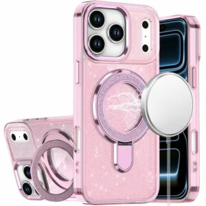 For Apple iPhone 18 Pro Transparent Glitter Rotaional Magnetic Ring Stand HQ Hybrid - Light Pink