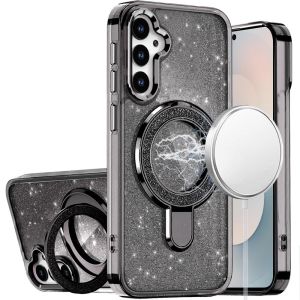 For Samsung s26 Transparent Glitter Rotaional Magnetic Ring Stand HQ Hybrid - Black