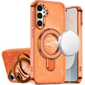 For Samsung s26 Transparent Glitter Rotaional Magnetic Ring Stand HQ Hybrid - Cosmic Orange