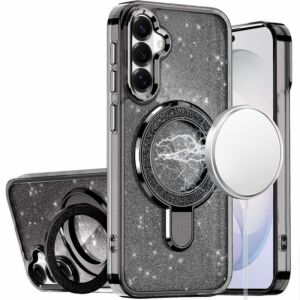 For Samsung Galaxy s26 FE Transparent Glitter Rotaional Magnetic Ring Stand HQ Hybrid - Black